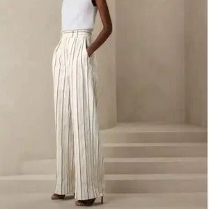 BANANA REPUBLIC linen wide leg pants high rise petite white stripe size 4
